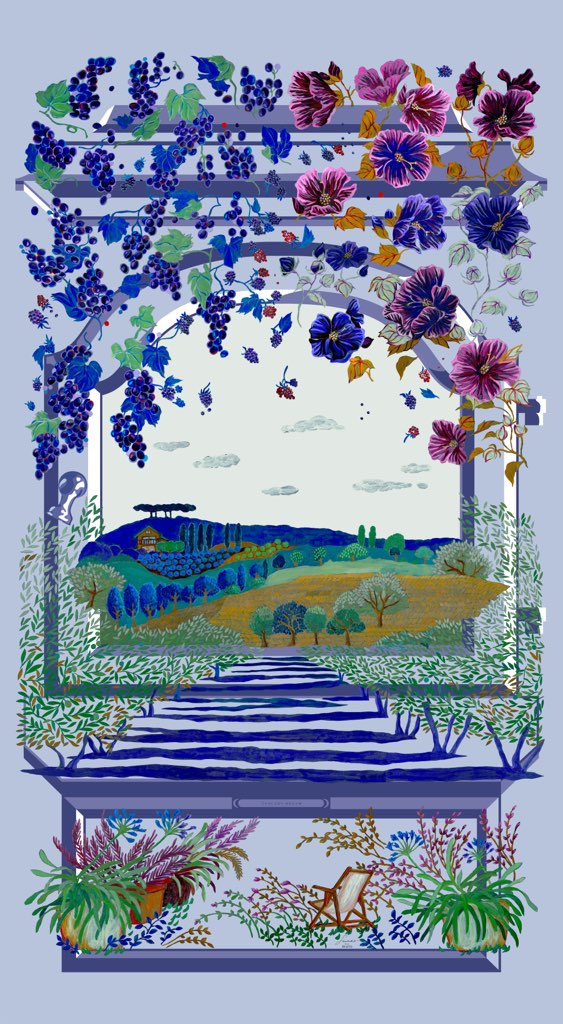シルク麻　大伴ストール　イタリア　トスカーナ風景画　TUSCANY stole blue