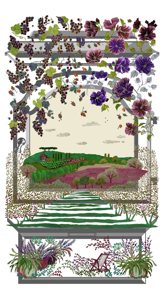 シルク麻　大伴ストール　イタリア　トスカーナ風景画　TUSCANY stole white