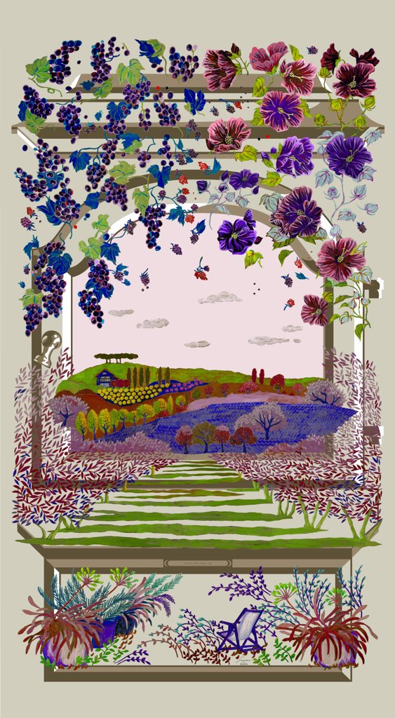 シルク麻　大伴ストール　イタリア　トスカーナ風景画　TUSCANY stole purple