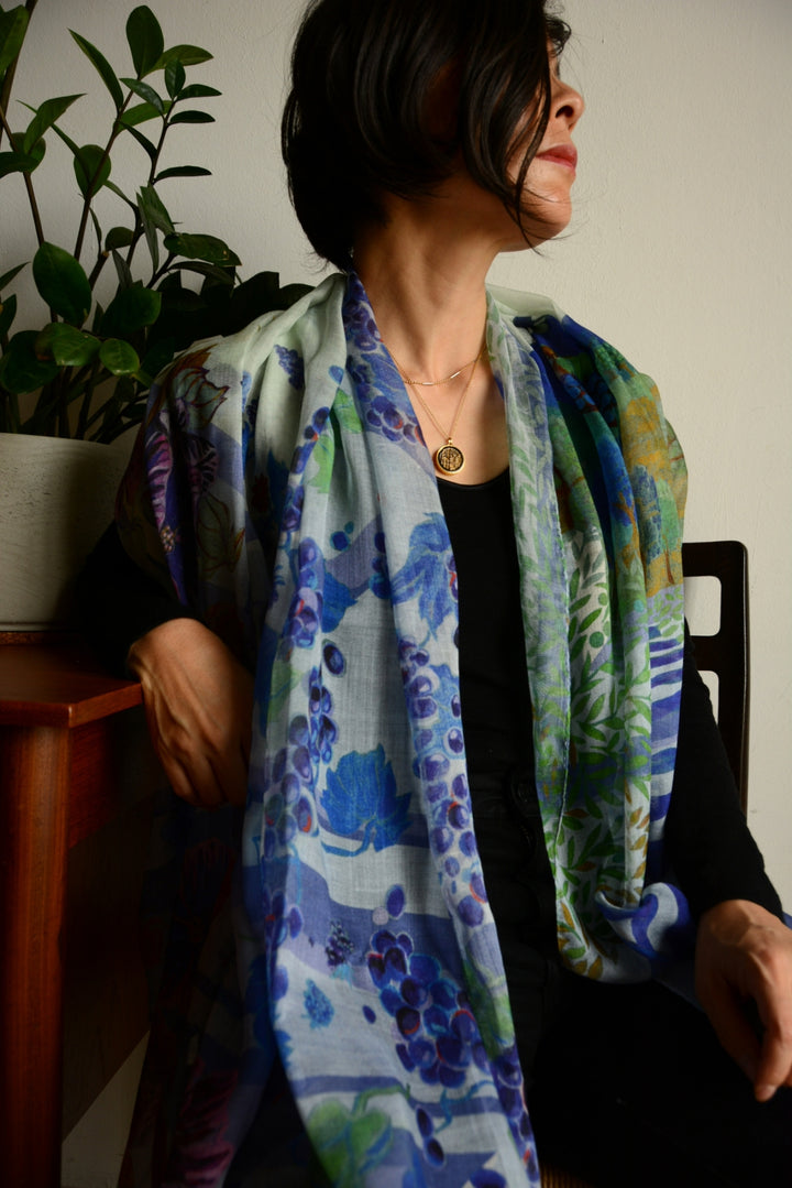 シルク麻　大伴ストール　イタリア　トスカーナ風景画　TUSCANY stole blue