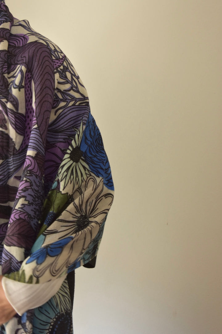 ボタニカル花柄　大伴ストール　シルクウール綿麻　U-conic purple