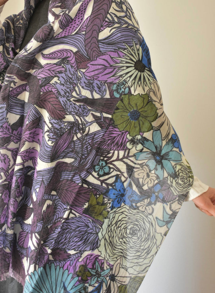 ボタニカル花柄　大伴ストール　シルクウール綿麻　U-conic purple