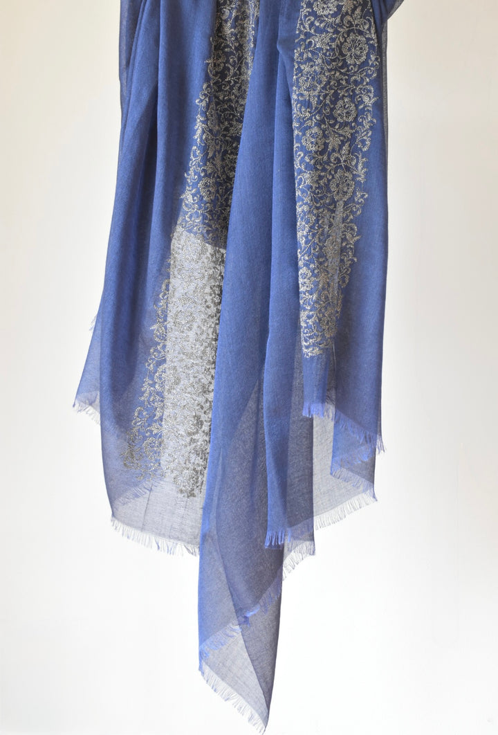 シルクカシミヤ　刺繍ストール　25秋冬新作　Embroidery stole blue