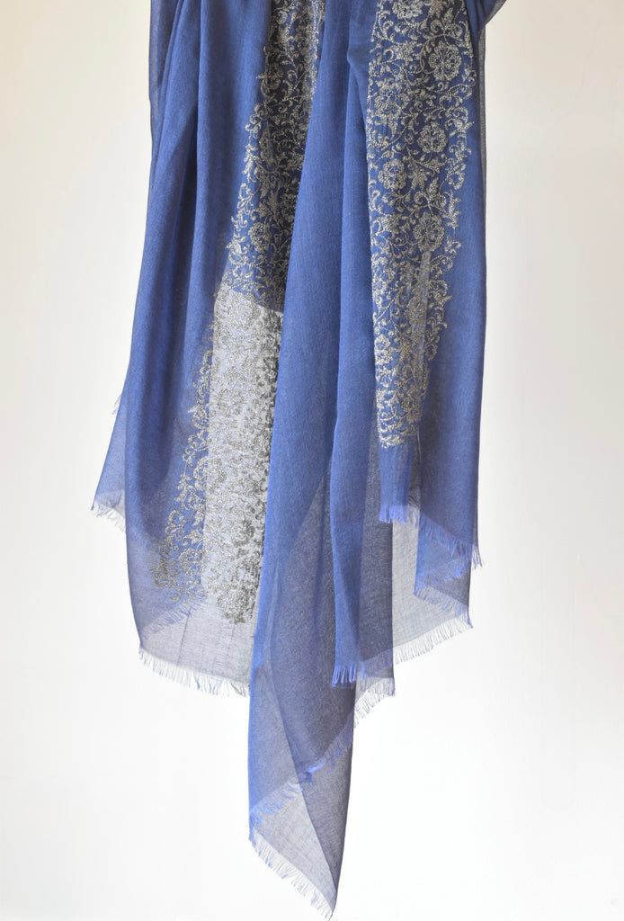シルクカシミヤ 刺繍ストール 25秋冬新作 Embroidery stole blue