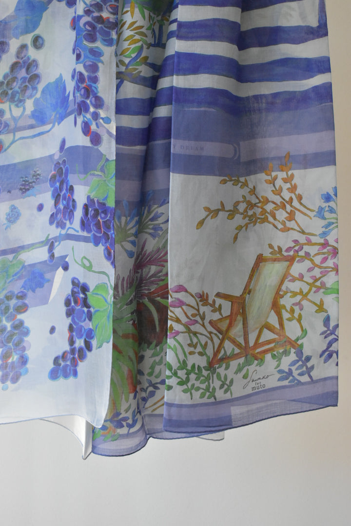 シルク麻　大伴ストール　イタリア　トスカーナ風景画　TUSCANY stole blue