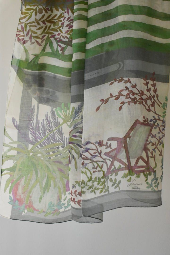 シルク麻　大伴ストール　イタリア　トスカーナ風景画　TUSCANY stole white