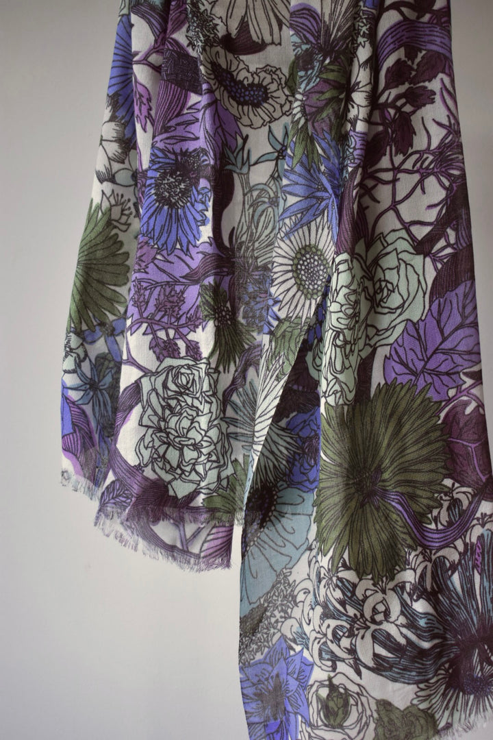 ボタニカル花柄　大伴ストール　シルクウール綿麻　U-conic purple